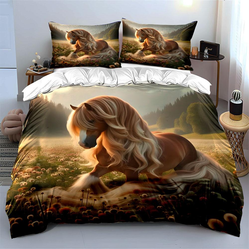 Graceful Long-Maned Horse In Flower Meadow Printed Duvet Cover Set1 Duvet Cover+2 Pillowcasemulti Size Bedroom Bedding Decor