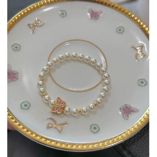 Best-selling Burnt Blue Enamel Butterfly Pearl Bracelet Vintage Fortune-Bringing New Chinese Style Women s High-End Bracelet Pink and purple double-si