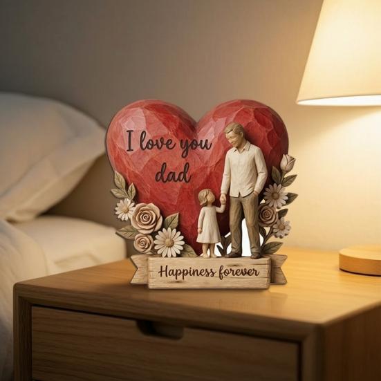 Wooden Ornament with Stable Base, Father Day Wooden Ornament, Decorative Resin Sculpture Family Love Decor for Desktop Bookshelf