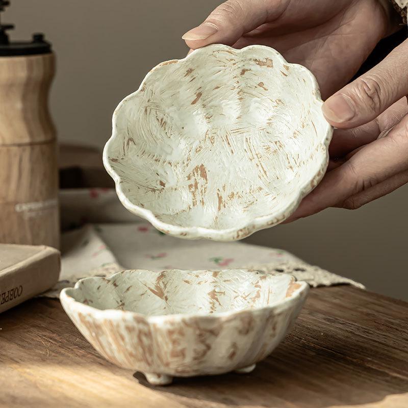 Retro Handmade Coarse Pottery Taste Plate Creative Hand-Painted Lace Ceramic Plate Japanese-Style Household Tableware Seasoning Plate Dipping Plate