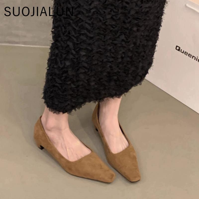 Fashion SUOJIALUN Spring New Brand Women Square Low Heel Pumps Shoes Fashion Shallow Slip On Ladies Boat Shoes Outdoor Dress Single Shoe