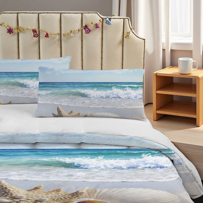 Pillowcase Quilt Cover 3-Piece Bedding Serene Beach Scene Pattern,Washable,Durable,Spring/Summer
