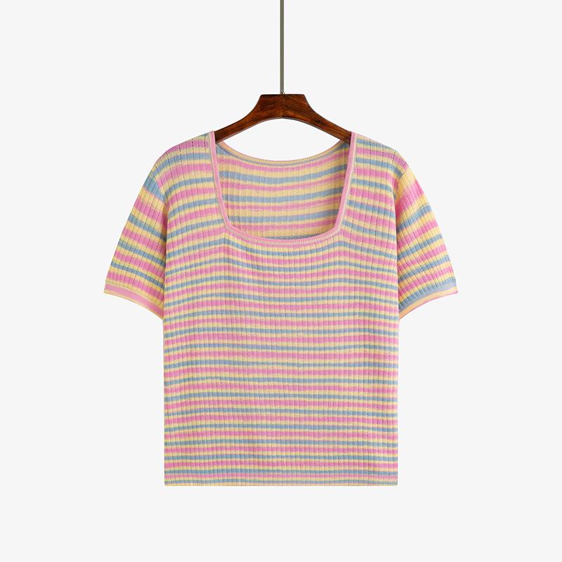 

Женский топ с квадратным вырезом, вязаный свитер, свободная футболка с короткими рукавами 3XL жёлтый/розовый