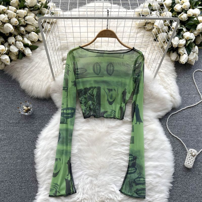 

Women s Thin Niche Style Vintage Print Long Sleeves T-shirt Green S