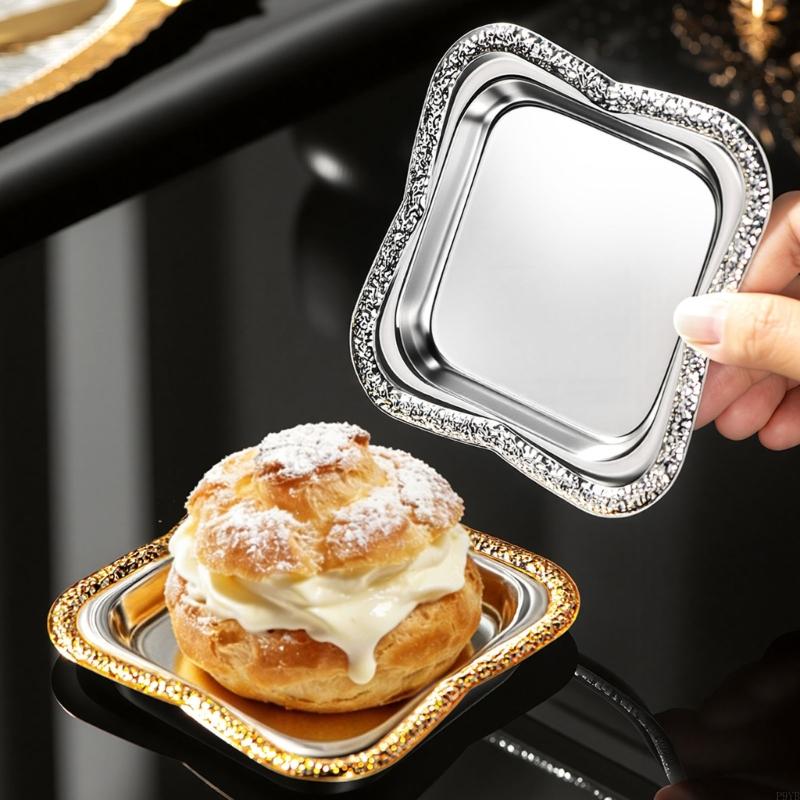 Mini Metal Serving Plate Set of 4 with Pattern Border, Square Home Display Dishes for Tea Service and Light Storage