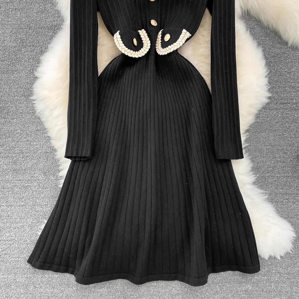 Frauen Kleine Duftende Revers Gestrickte Pullover Kleid Weibliche Herbst Winter Jumper Unten Kleider