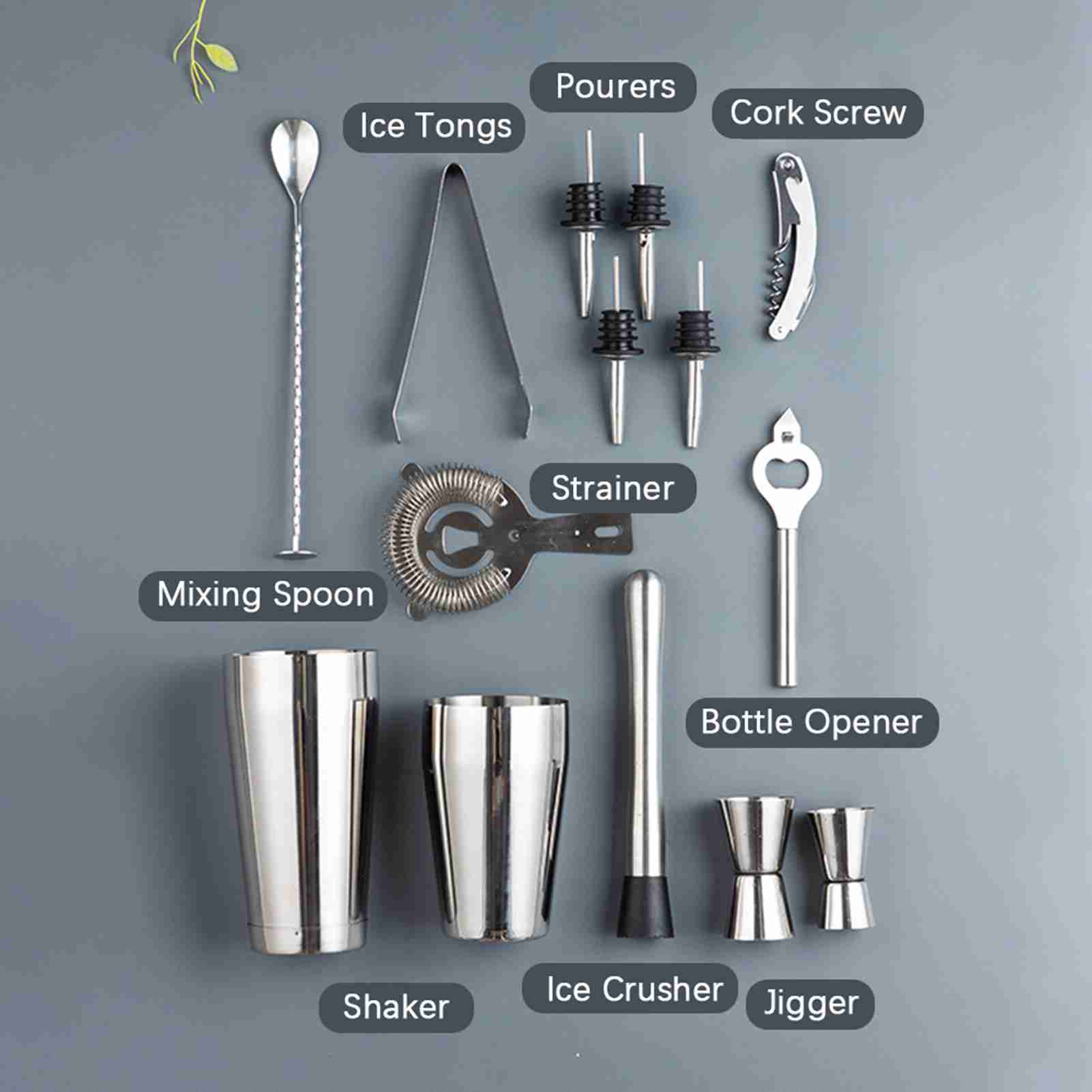 

Bartender Kit, 15 Piece Cocktail Shaker Set, Bar Tool Set, for Mojito, , Margaritas, Whiskey with Ice Crusher, Tongs
