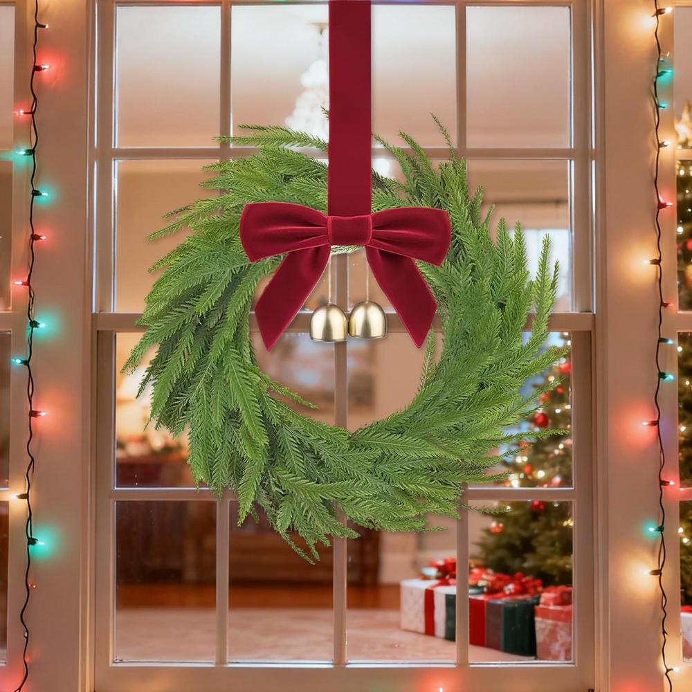

Christmas Wreath Seasonal Artificial Decor With Red Bows And Bells Window Christmas Wreath For Window Mantel Porch Centerpiece