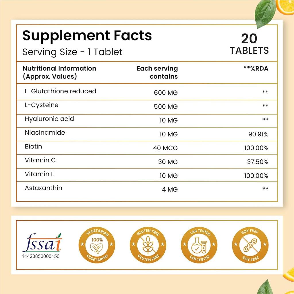 Vlado's Himalayan Organics L Glutatione Compresse Effervescenti 1150 Mg Integratore per la Luminosità della Pelle Confezione da 20 Compresse Confezione Singola