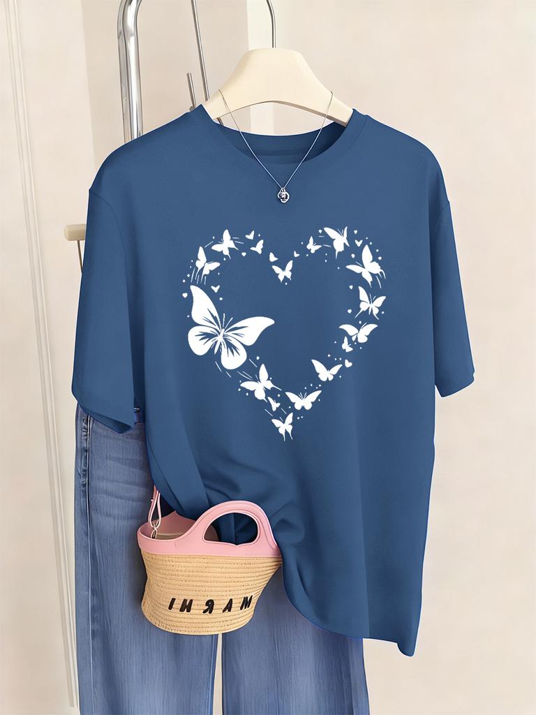 Schmetterling Herz Bedruckte T-Shirts Damen Lässig Weiche T-Shirts Locker Bequem Kurzarm Oberteile Sommer O-Ausschnitt Damen Kleidung