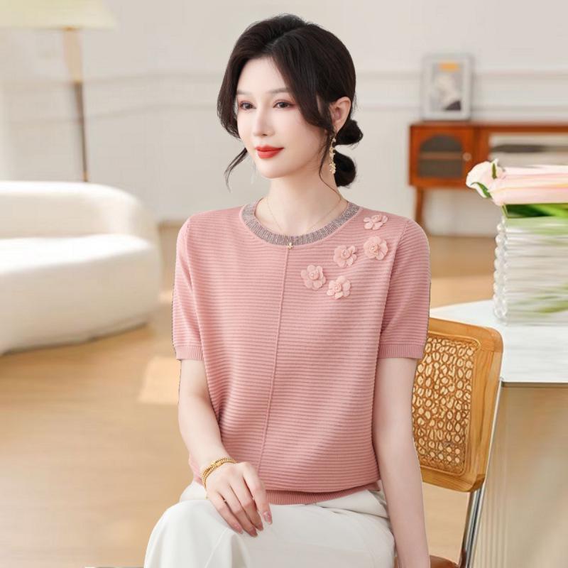 

Women s Summer Ice Silk Petite T-Shirt: Short-Sleeve, Round Neck for Middle-Aged & Elderly XL (110-120 jin)