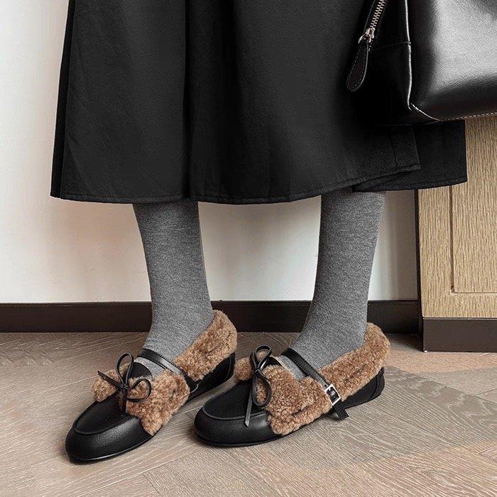 Autumn and winter bow velvet Mary Jane fluffy shoes women's warm small leather shoes