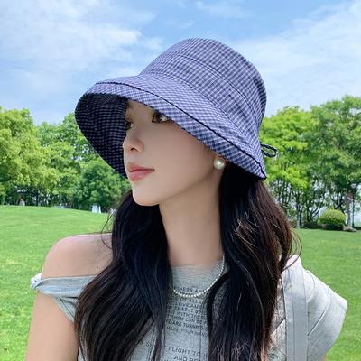Women's Summer Japanese Retro Plaid Cuffed Fisherman Hat Wide Brim Sun Protection Hat Stylish Face Slimming Basin Hat Fashionable Sunshade Cap