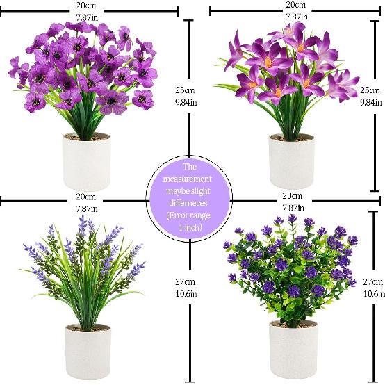 4 Packs Fake Plants Mini Purple Artificial Potted Flowers Small Faux Plants Indoor for Home Office Bathroom Farmhouse Tabletop Spring Decor