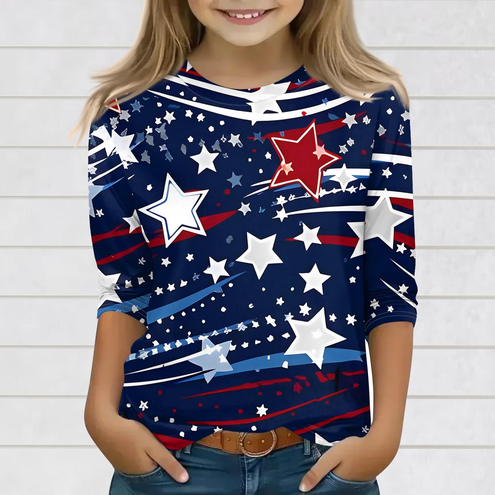 

Топы с принтом для девочек 3-10 лет с круглым вырезом и рукавами 3/4 Футболки Модные топы Наряды Футболки 130 винный