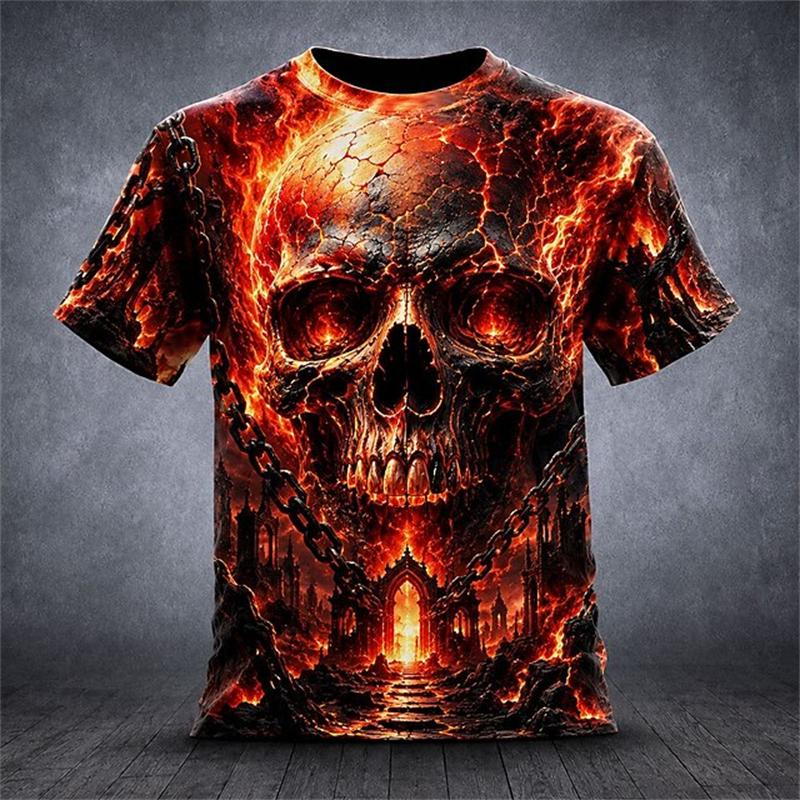 Herren T-Shirt mit Skelett-Print 3D-Druck Kurzarm Dunkler Gothic-Stil Herren Kurzarmhemd Halloween Horror-Thema Oberteil
