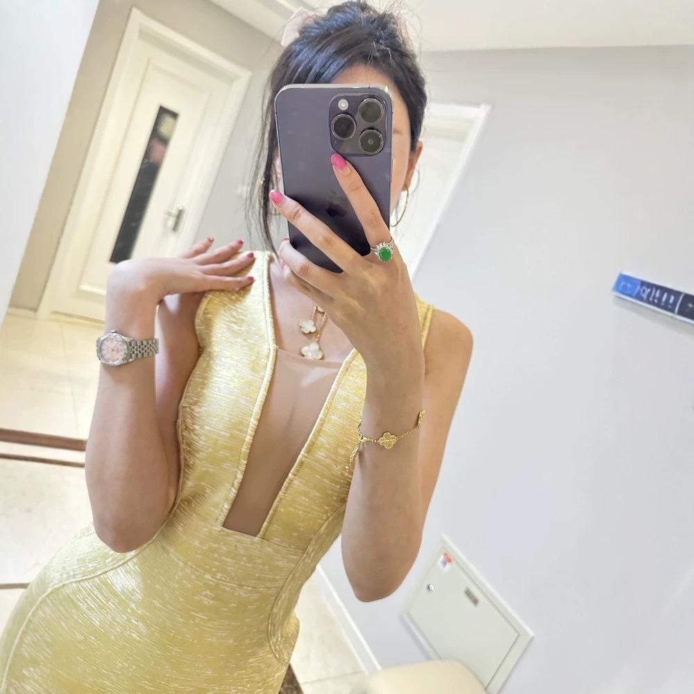 Silk Luxury Low-Cut Mesh Bandage Dress with Gold Waist for Evening Party