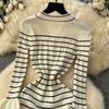 Autumn Winter Women Casual V-neck Three Quarter Sleeve Striped Knitted Sweater Long Midi Fishtail Dresses