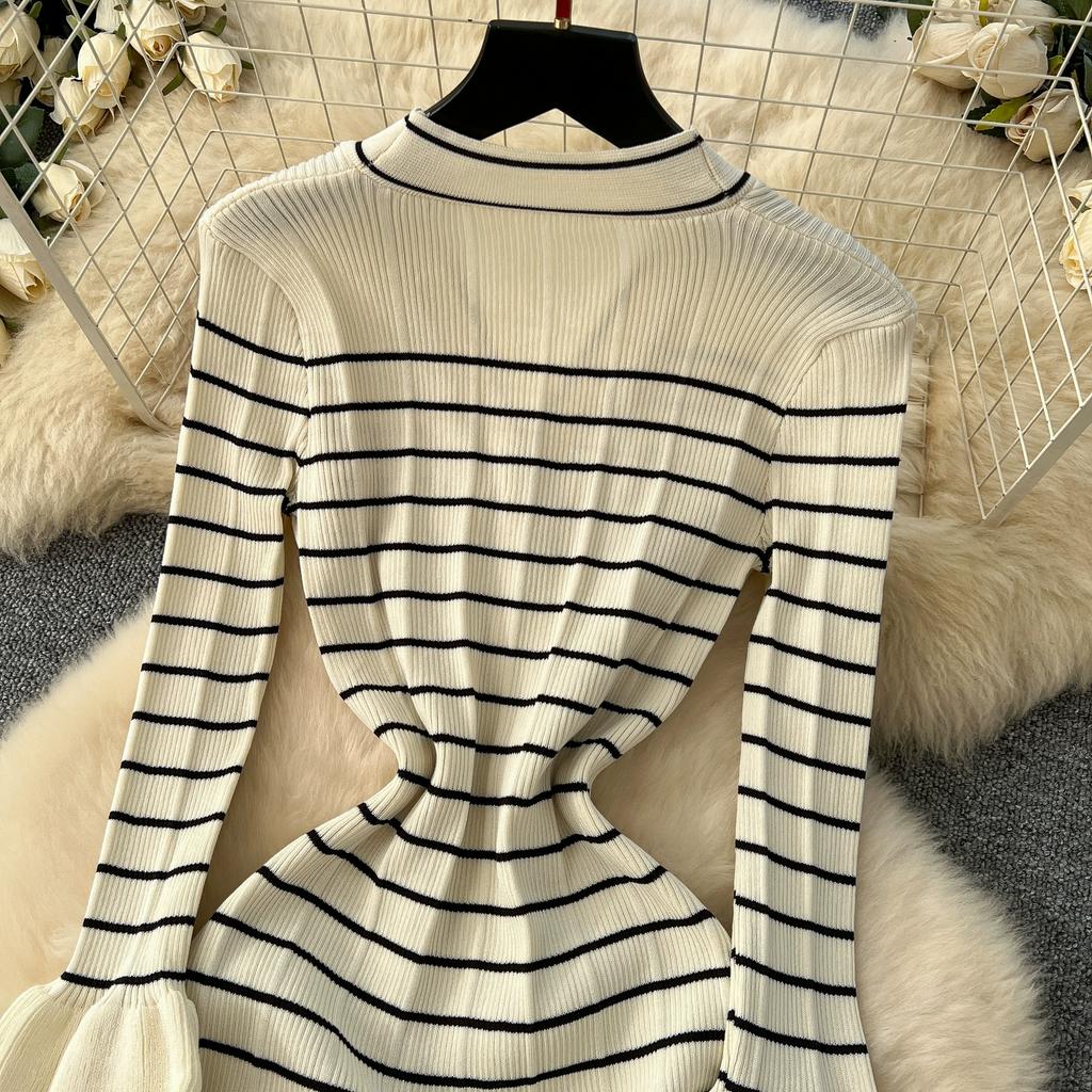 Autumn Winter Women Casual V-neck Three Quarter Sleeve Striped Knitted Sweater Long Midi Fishtail Dresses