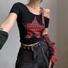 VAYLA Sommer Stern Patchwork Crop Tops Karomuster T-Shirt Damenmode Off Single Shoulder Y2k Tee Überärmel Fairy Grunge Shirts