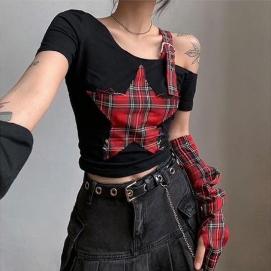 VAYLA Sommer Stern Patchwork Crop Tops Karomuster T-Shirt Damenmode Off Single Shoulder Y2k Tee Überärmel Fairy Grunge Shirts