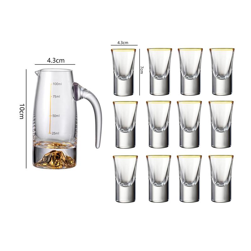 12pcs Sets 25ml Spirits Cup Golden Edged Small Wine Cup 100ml Baijiu Dispenser Golden Mountain Shaped Wine Pot Luxury Glassware