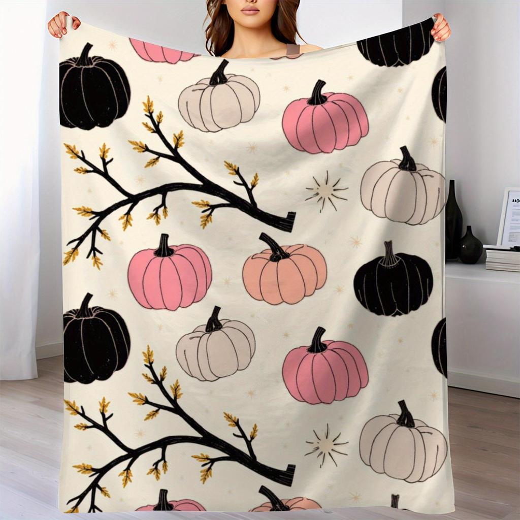 Pumpkin Pattern Fleece Blanket Autumn Harvest Design Soft Cozy Throw Home Decor for Living Room or Bedroom Gift for Fall Lovers