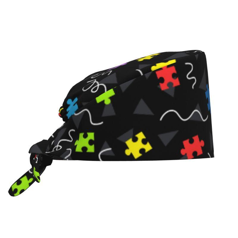 Autism Awareness Colorful Puzzle Pieces Working Cap Women Scrub Cap with Sweatband Adjustable Tie Back Hat Nurse Surgical Caps