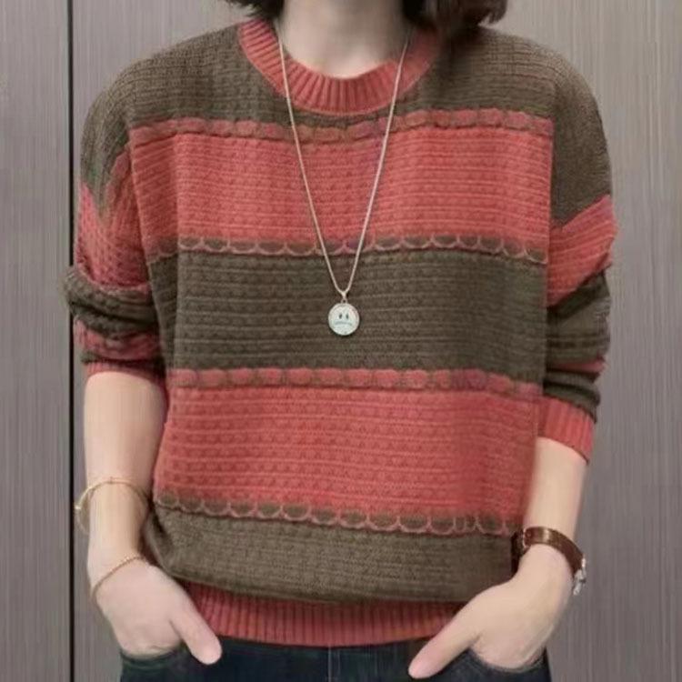 Gestreifter Strickpullover für Frauen mittleren Alters, lässiger Pullover für Frauen für den frühen Herbst