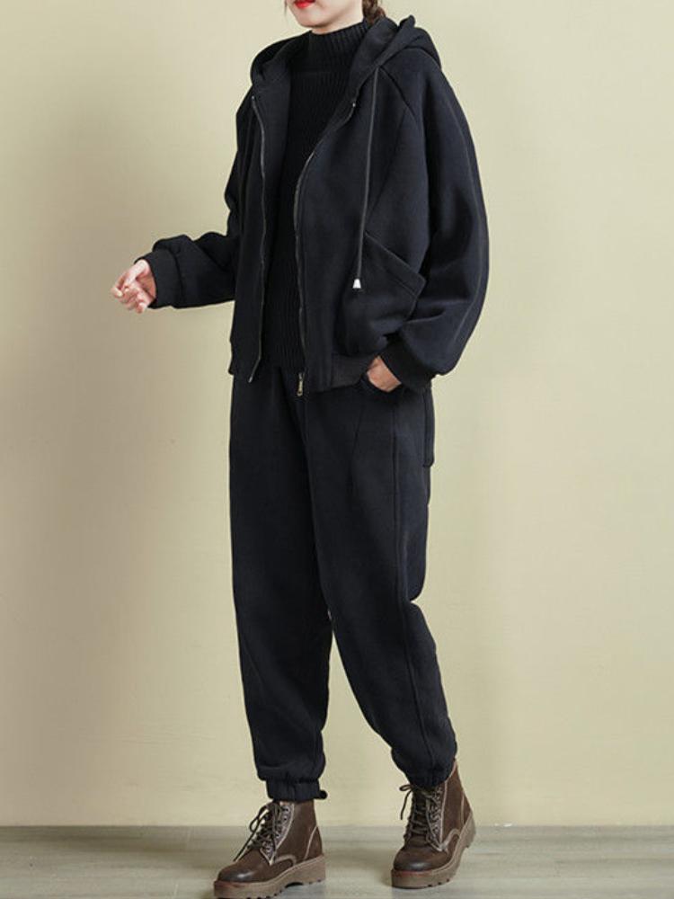 Autumn Winter Retro Loose Thickened Sportsuit Women Elegant Fleece Casual Hooded Sweatshirt Y2k 2-piece Set Fashion New Clothes