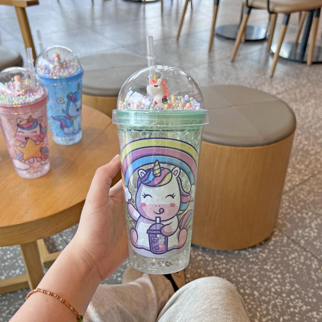 New High-value Unicorn Straw Cup,Portable Cartoon Plastic Water Cups, Double-layer Glitter Crushed Ice Cup, Holiday Gift Tea Cup