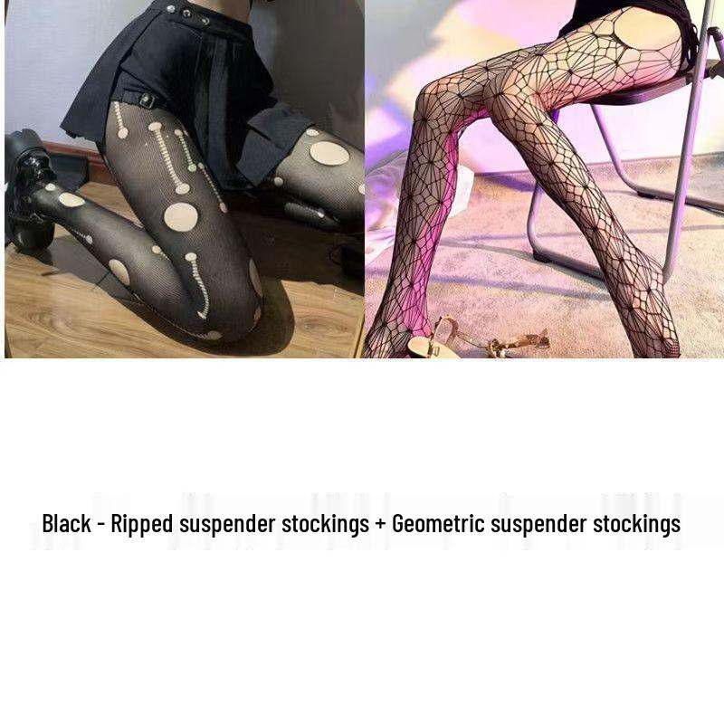 Vintage Black Silk Suspender Fishnet Stockings - Slim, Ripped Over-the-Knee for Spring & Autumn