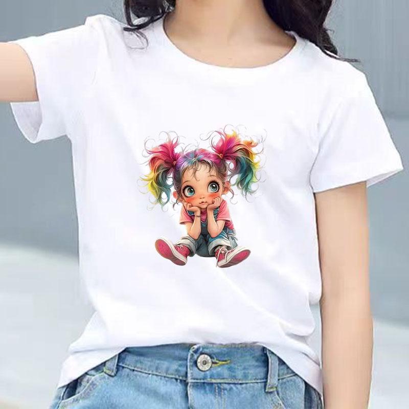 Kids Cotton T Shirt Rainbow Hair Girl Print Crew Neck Short Sleeve Tee Casual Boys Girls Summer Tops 100