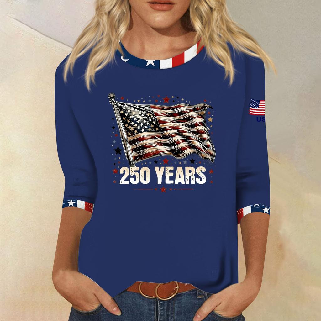 Women's Fashion Casual Seven-Sleeve Independence Day Print Round Neck Top