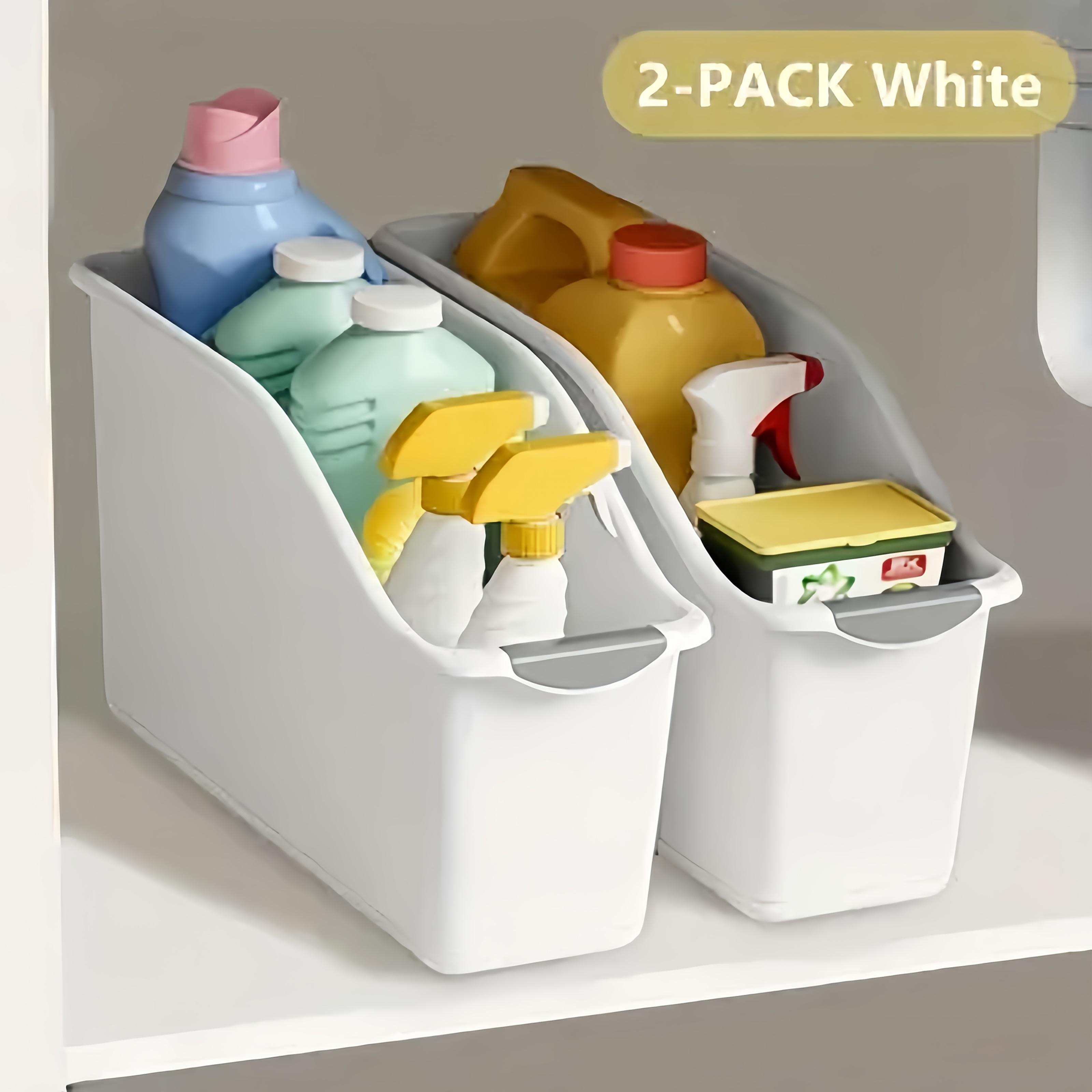 2pcs Curved Design Storage Boxes - Heavy-Duty Plastic Organizer, White Space-Saving Container for Under Sink, Pantry & Cabinet Organization -