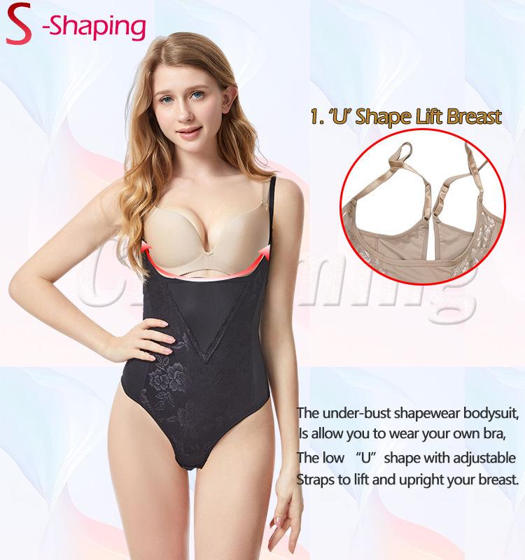 Body con spalline sottili in pizzo, schiena a T, con sostegno al seno e modellante in vita