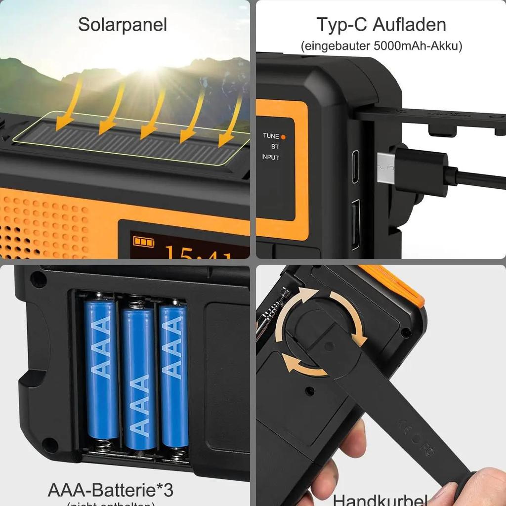 Multifunkční nouzové FM AM rádio Bluetooth reproduktory 5000mAh PowerBan DAB+ rádio Ruční klika Solární USB nabíjení