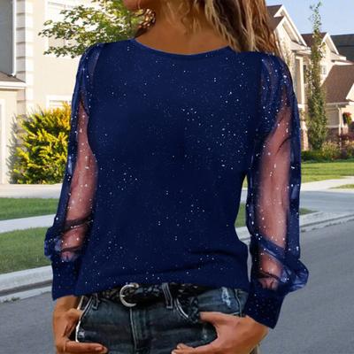 Damski T-shirt z okrągłym dekoltem, siateczkowy, ażurowy, z bufiastymi długimi rękawami, miękki, elastyczny, top, błyszczące cyrkonie, regularny krój, koszulka, na imprezę, na co dzień