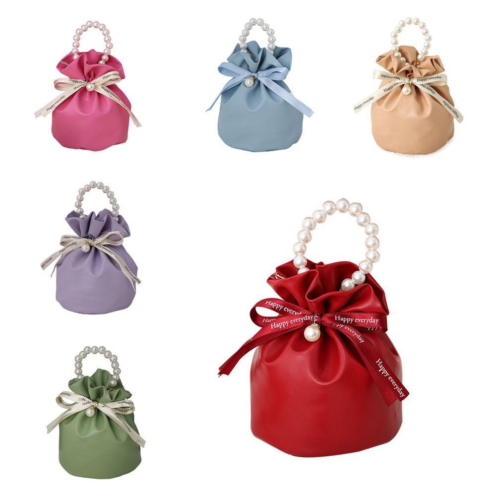 Solid Color PU Drawstring Bag Storage Bag Wedding Candy Bag Pearls Handle Wrist Bag  Festival