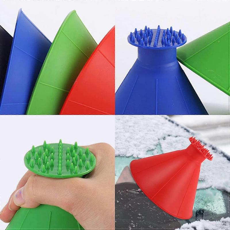 Magic Ice Scraper for Car Windshield, 4pcs Set with Round Scraper, Refueling Funnel, Snow Shovel, Wiper Brush, Quick Ice Removal Tool