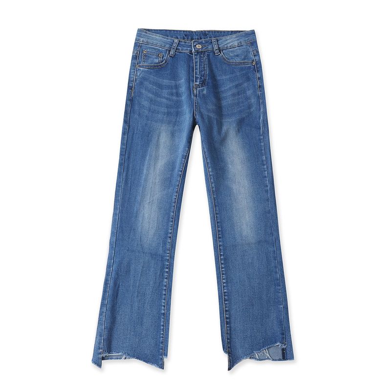 

Straight Jeans Autumn New Foreign Trade Women clothes Natural Waist Zip-up Button Burr Slimming Jeans 32582 Blue B- 4-1-1 XL