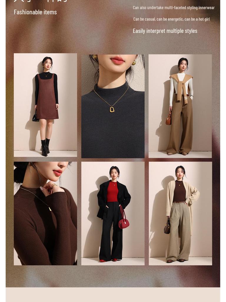 Women's Black Fleece-Lined Half-High Neck Base Layer Knit Top - Thickened Long Sleeve for Autumn/Winter 2026