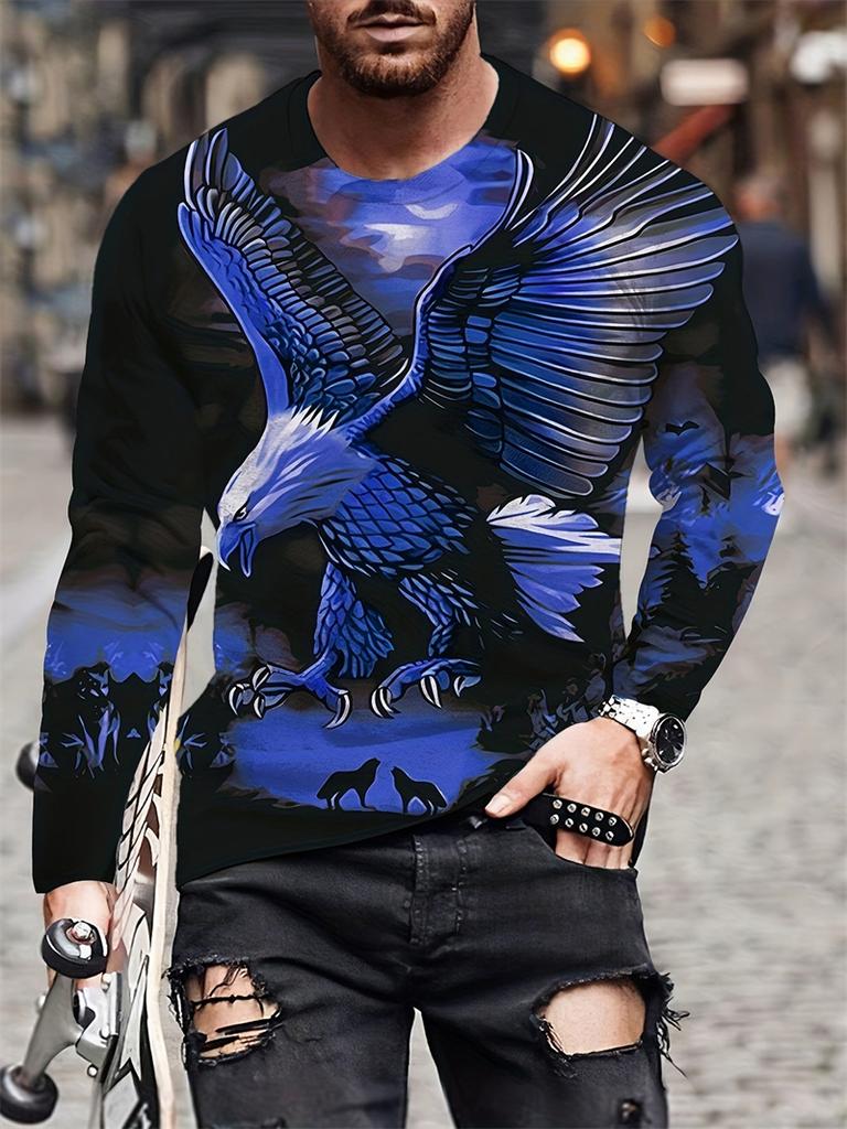 Men's Eagle Hand-painted Pattern Casual T-Shirts Long Sleeve Streetwear 3D Animal Printing Hip Hop Male Tops Tee Plus Size 4XL