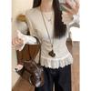 2025 New Arrival Women's White Lace Trim Long-Sleeve T-Shirt, Korean Slim Fit for Spring/Autumn
