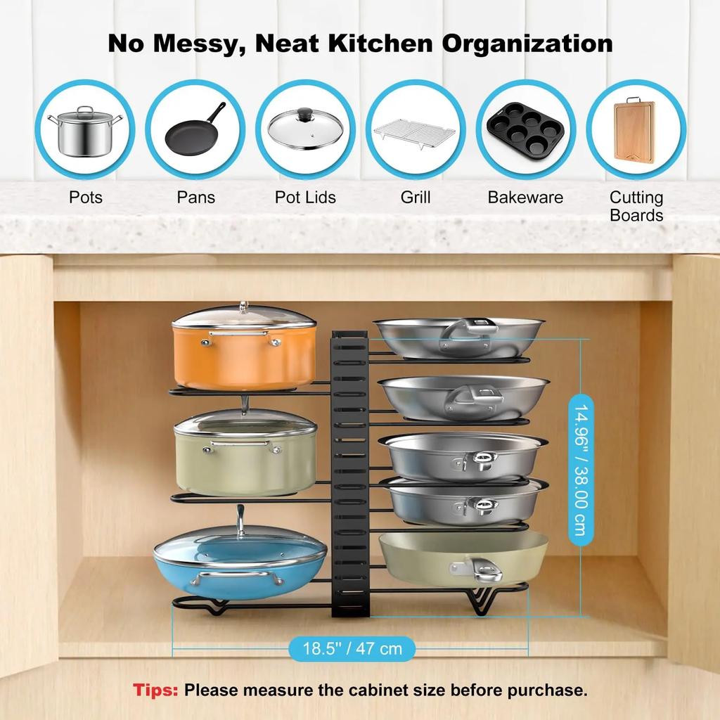 Adjustable Pot Rack Organizer Under Cabinet,Pan Storage Organizer Rack for Storing Pots Pan, 8 Tier