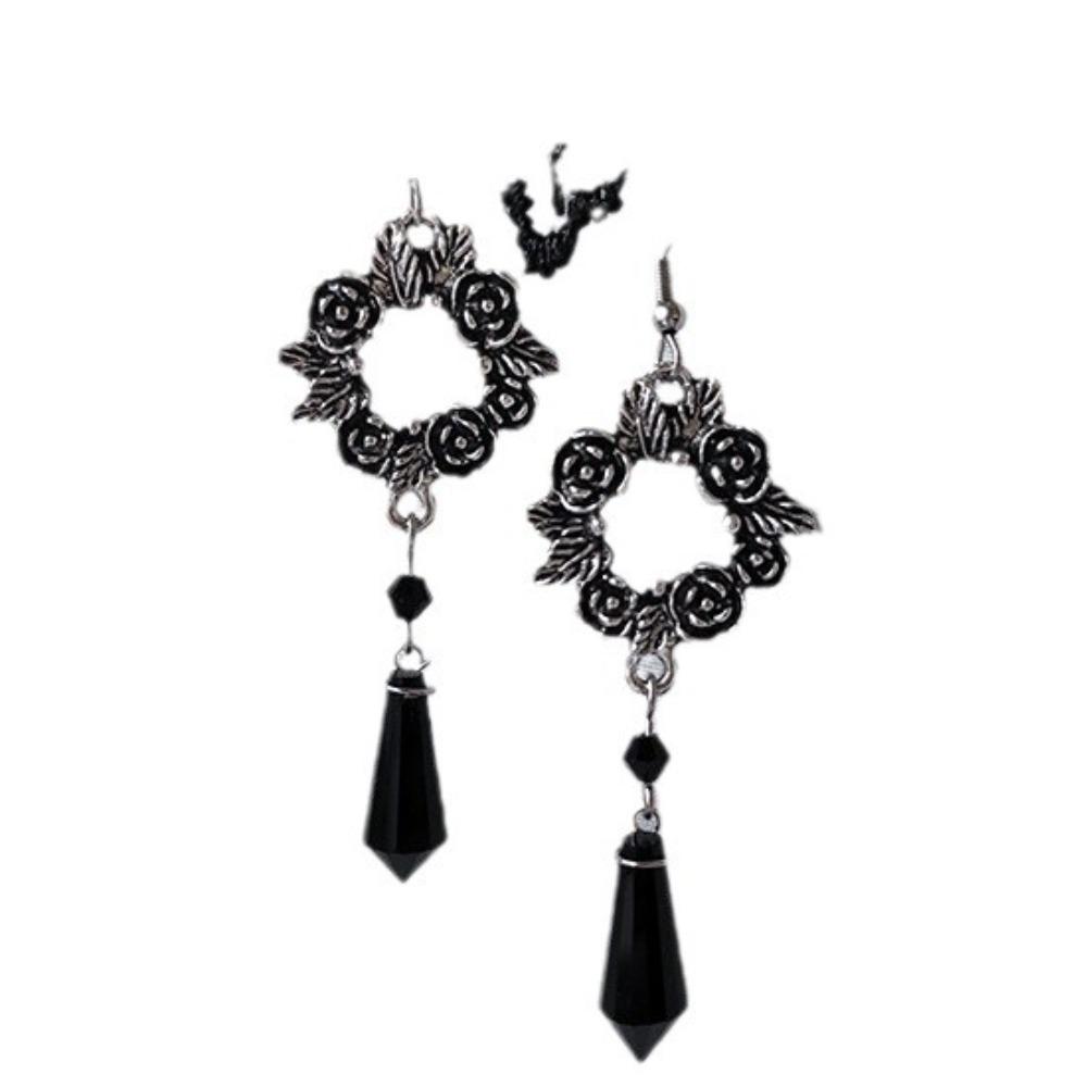 Gothic Victoria Silver Color Rose Garland Teardrop-shaped Black Crystal Pendant Dangle Earrings for Women Temperament Jewelry