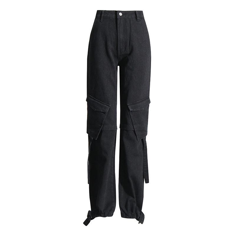 

European & American Style Women s High Waist Cargo Jeans with Double Pockets and Contrast Stitching - Spring 2026 Collection. S чёрный