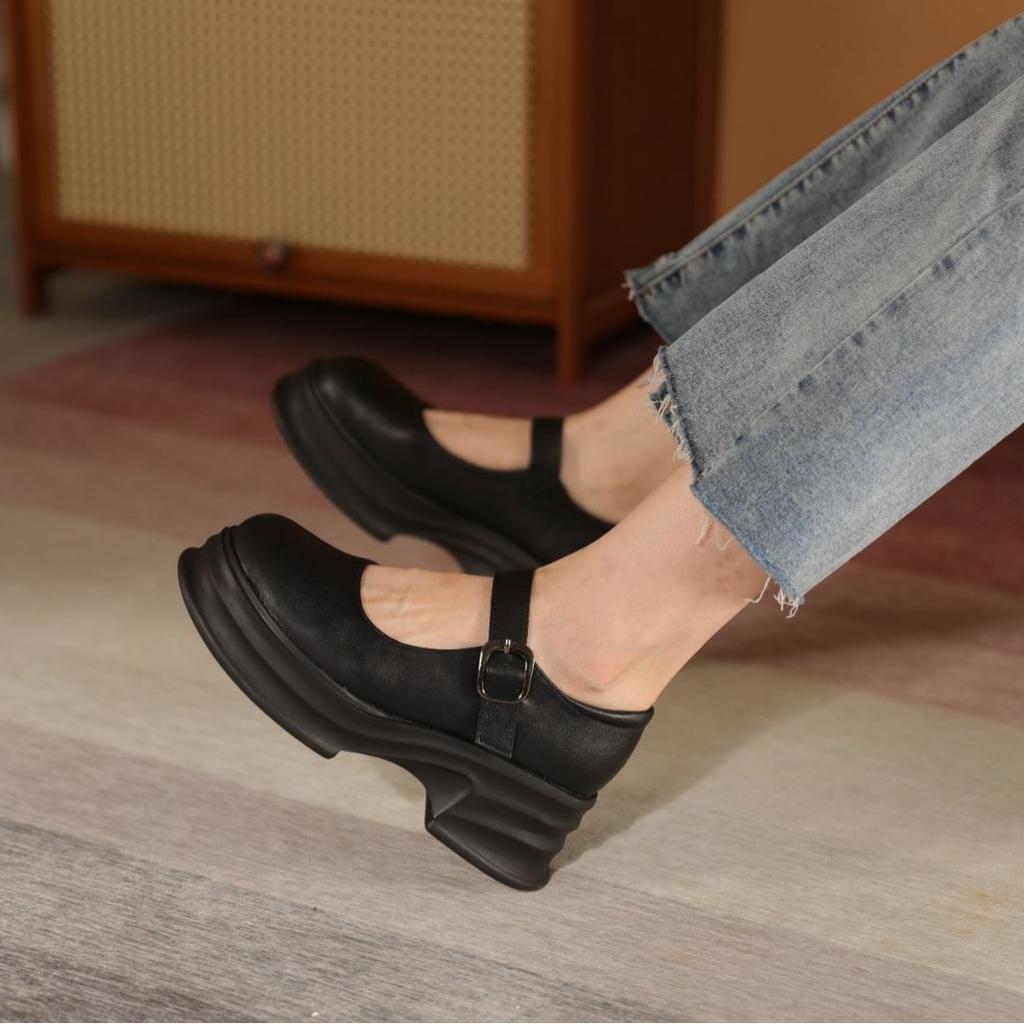Mary Jane Shoes Women's Platform Shallow Mouth Single Shoes Spring British Style Round Head with Buckle Small Leather Shoes Retro Style