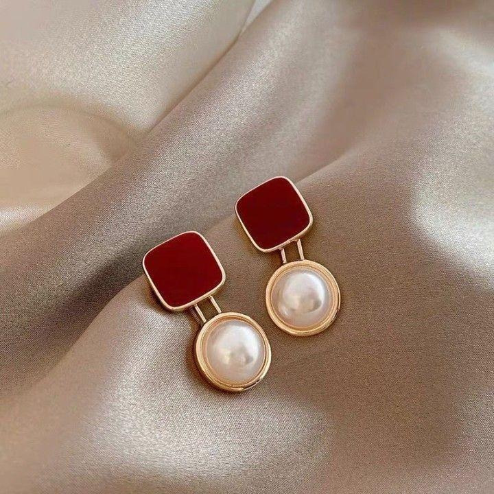 Red blue square pearl stud earrings ins trendy same design temperament French simple earrings