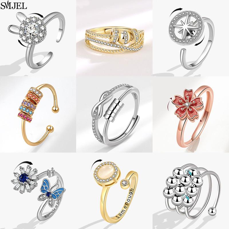 Romantic Cherry Blossom Anxiety Fidget Spinner Rings for Women Cute Rabbit Butterfly Beads Rotate Relaxing Ring Party Jewelry